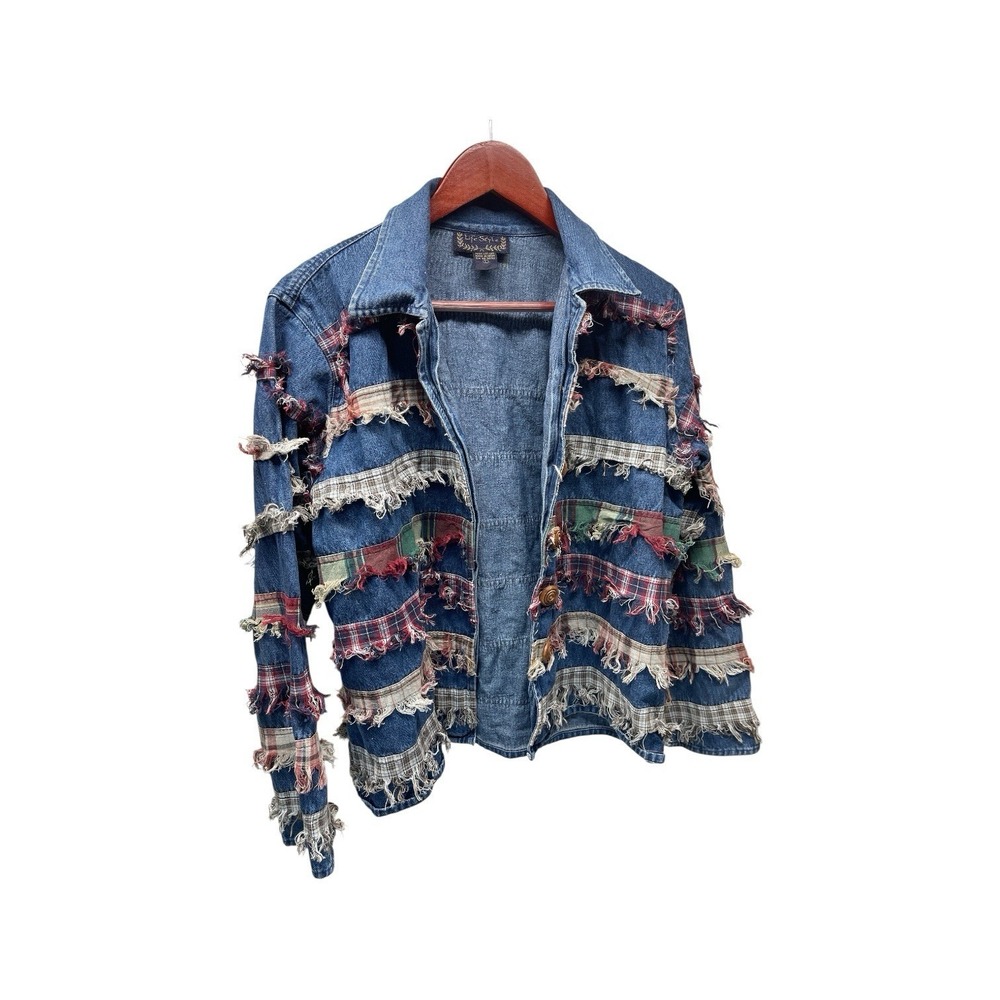 Life Style 90's Denim & Plaid Fringe Jacket (L) Women's